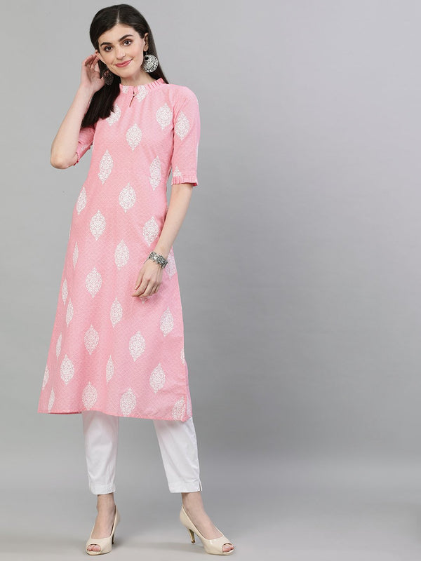 Women Pink & White Printed Straight Kurta | NOZ2TOZ - Made In INDIA.