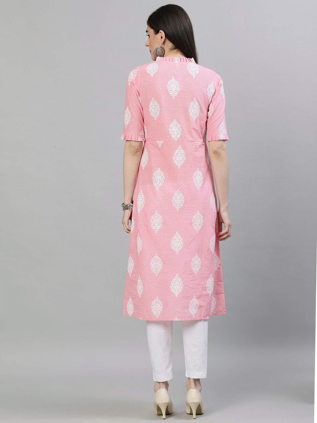 Women Pink & White Printed Straight Kurta | NOZ2TOZ - Made In INDIA.