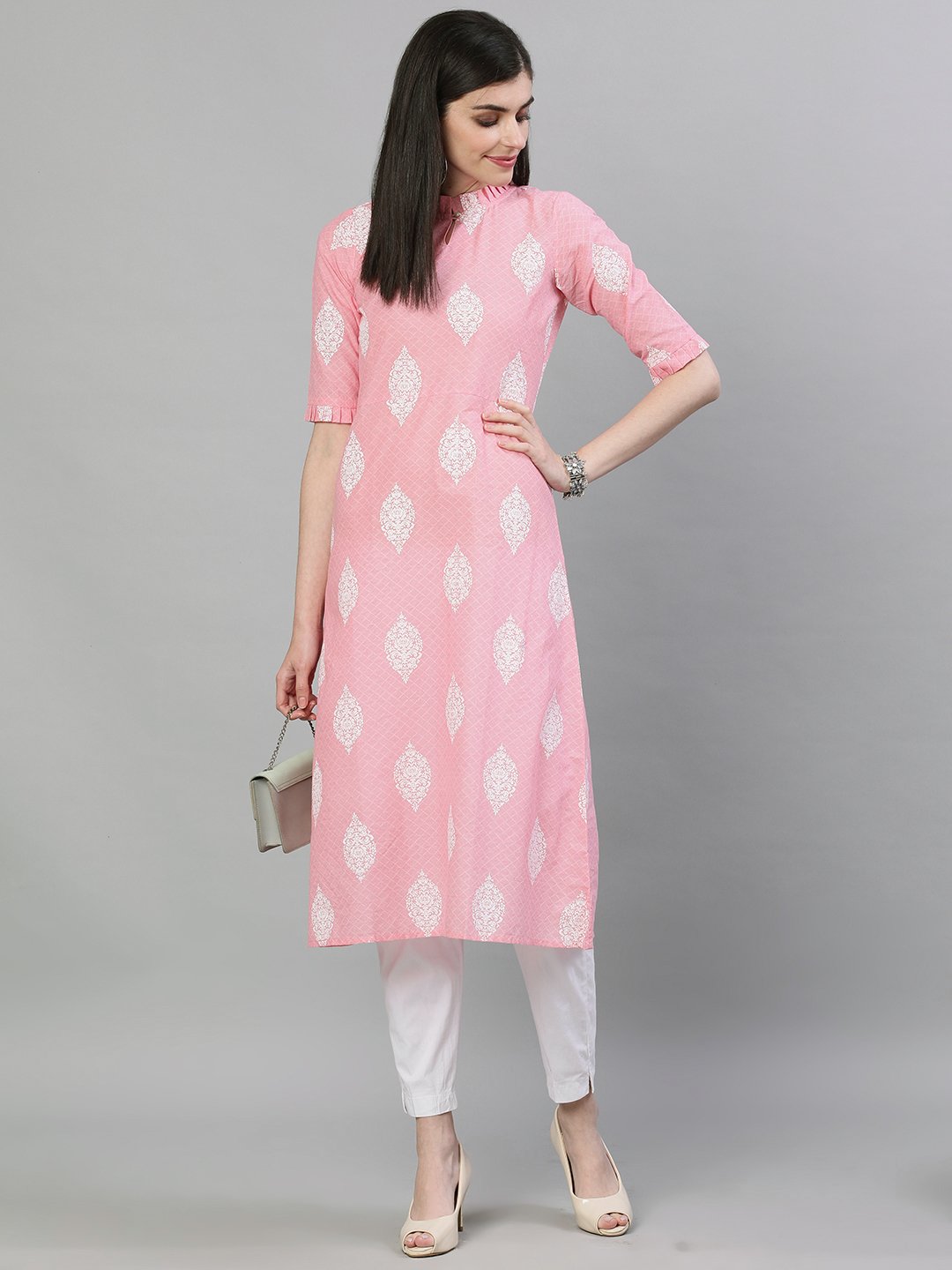 Women Pink & White Printed Straight Kurta | NOZ2TOZ - Made In INDIA.