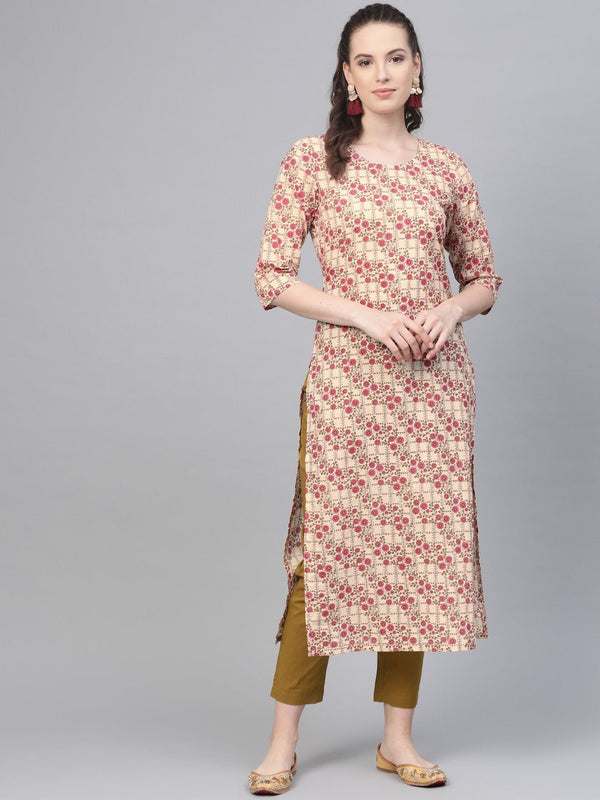 Cream & multi floral printed kurta with solid olive green pants | NOZ2TOZ - Made In INDIA.