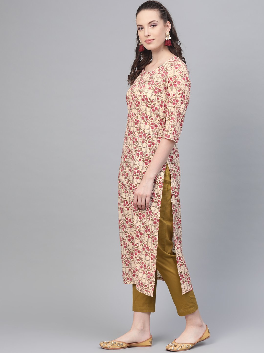 Cream & multi floral printed kurta with solid olive green pants | NOZ2TOZ - Made In INDIA.