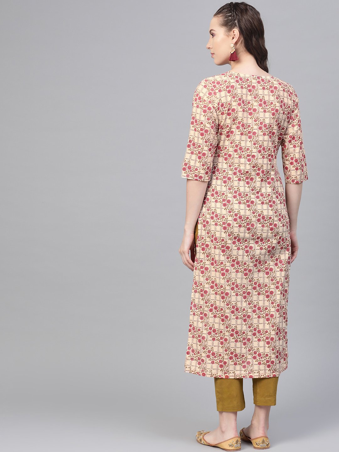 Cream & multi floral printed kurta with solid olive green pants | NOZ2TOZ - Made In INDIA.