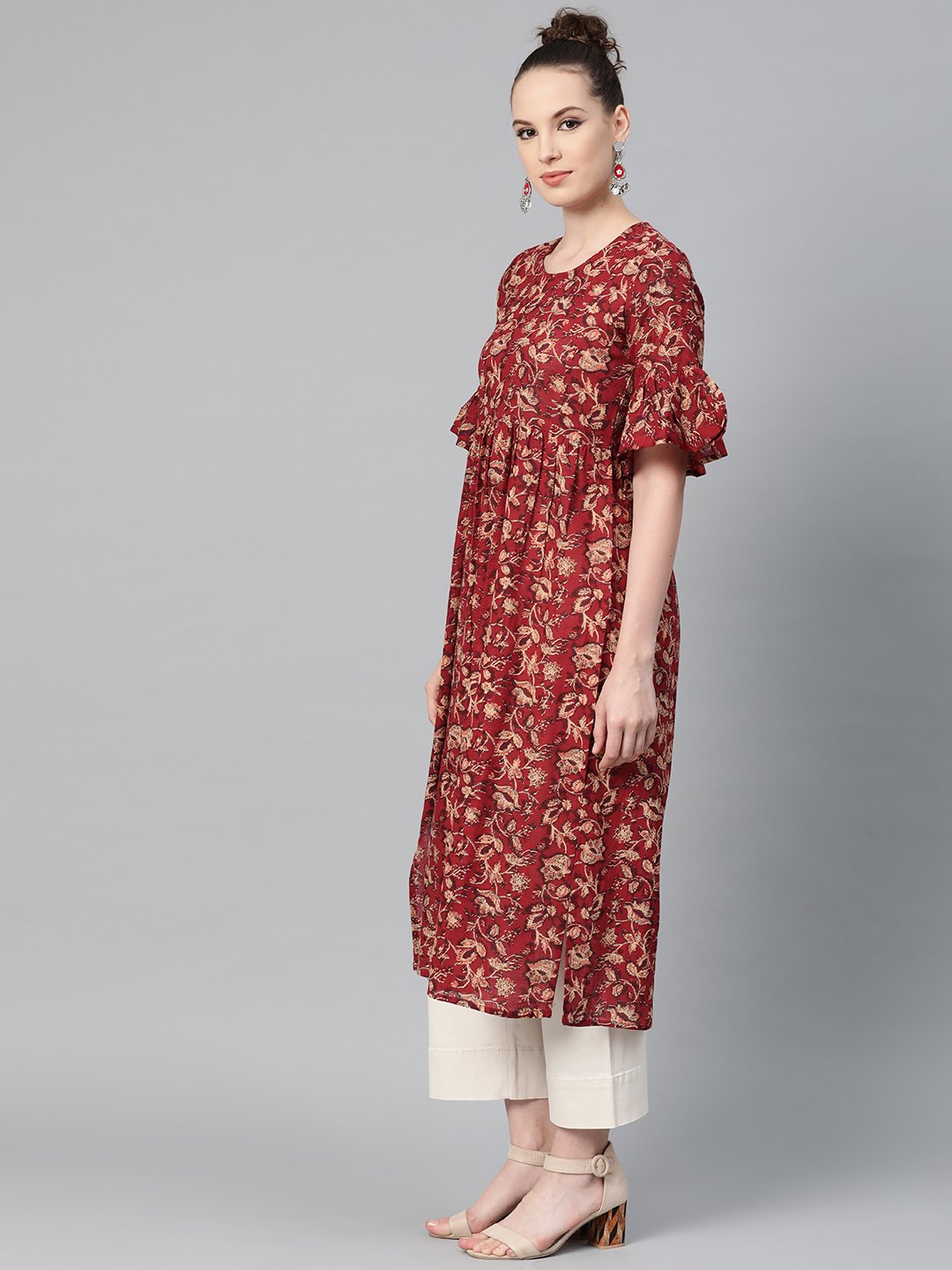 Maroon & Beige Printed A-line Kurta with Round Flared Sleeves | NOZ2TOZ - Made In INDIA.