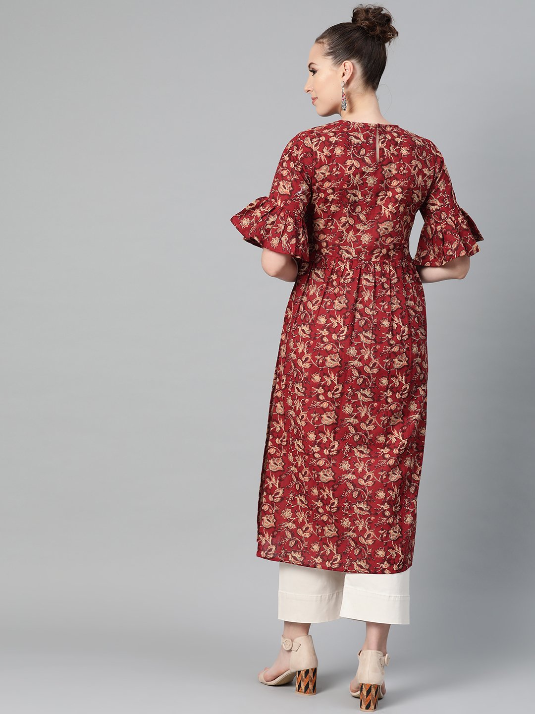 Maroon & Beige Printed A-line Kurta with Round Flared Sleeves | NOZ2TOZ - Made In INDIA.