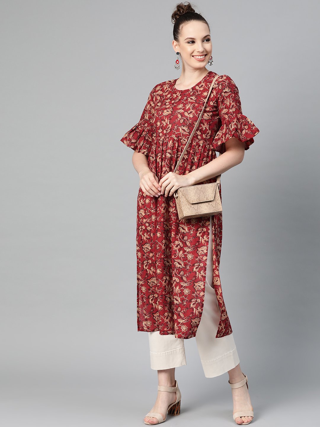 Maroon & Beige Printed A-line Kurta with Round Flared Sleeves | NOZ2TOZ - Made In INDIA.