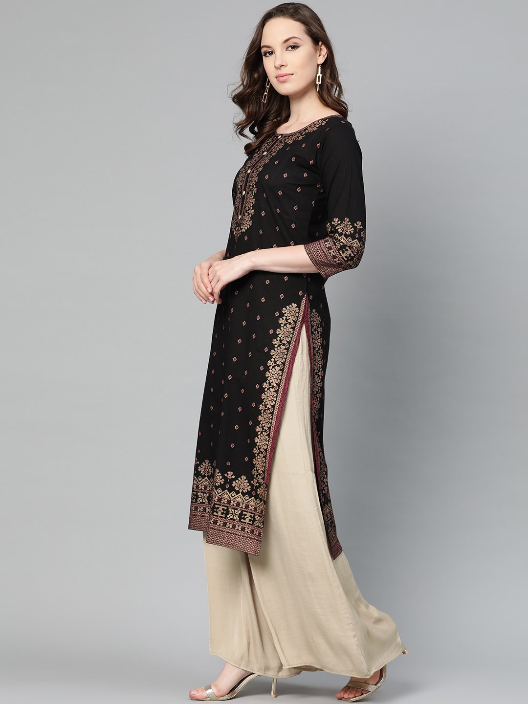 Black & gold Geometric Printed Kurta with Round neck & 3/4 sleeves | NOZ2TOZ - Made In INDIA.