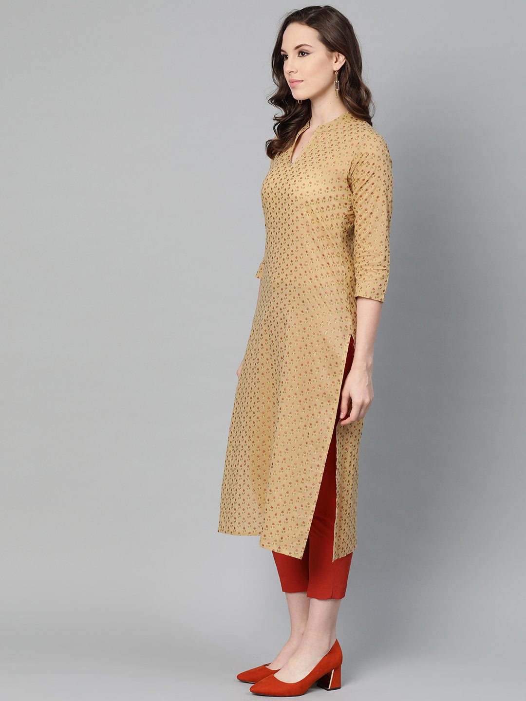 Yellow Printed Straight Kurta with Mandarin Collar with 3/4 sleeves | NOZ2TOZ - Made In INDIA.