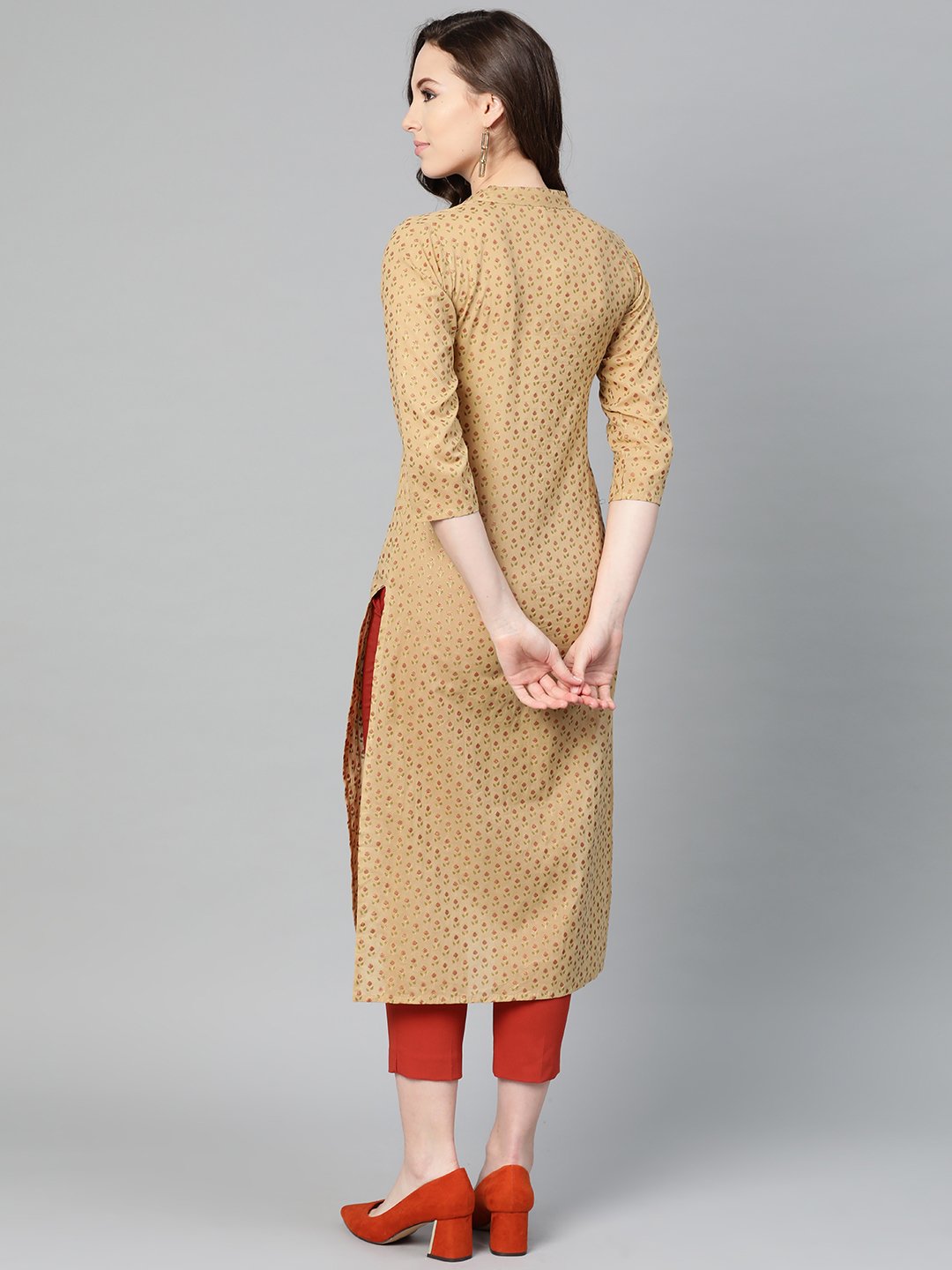 Yellow Printed Straight Kurta with Mandarin Collar with 3/4 sleeves | NOZ2TOZ - Made In INDIA.