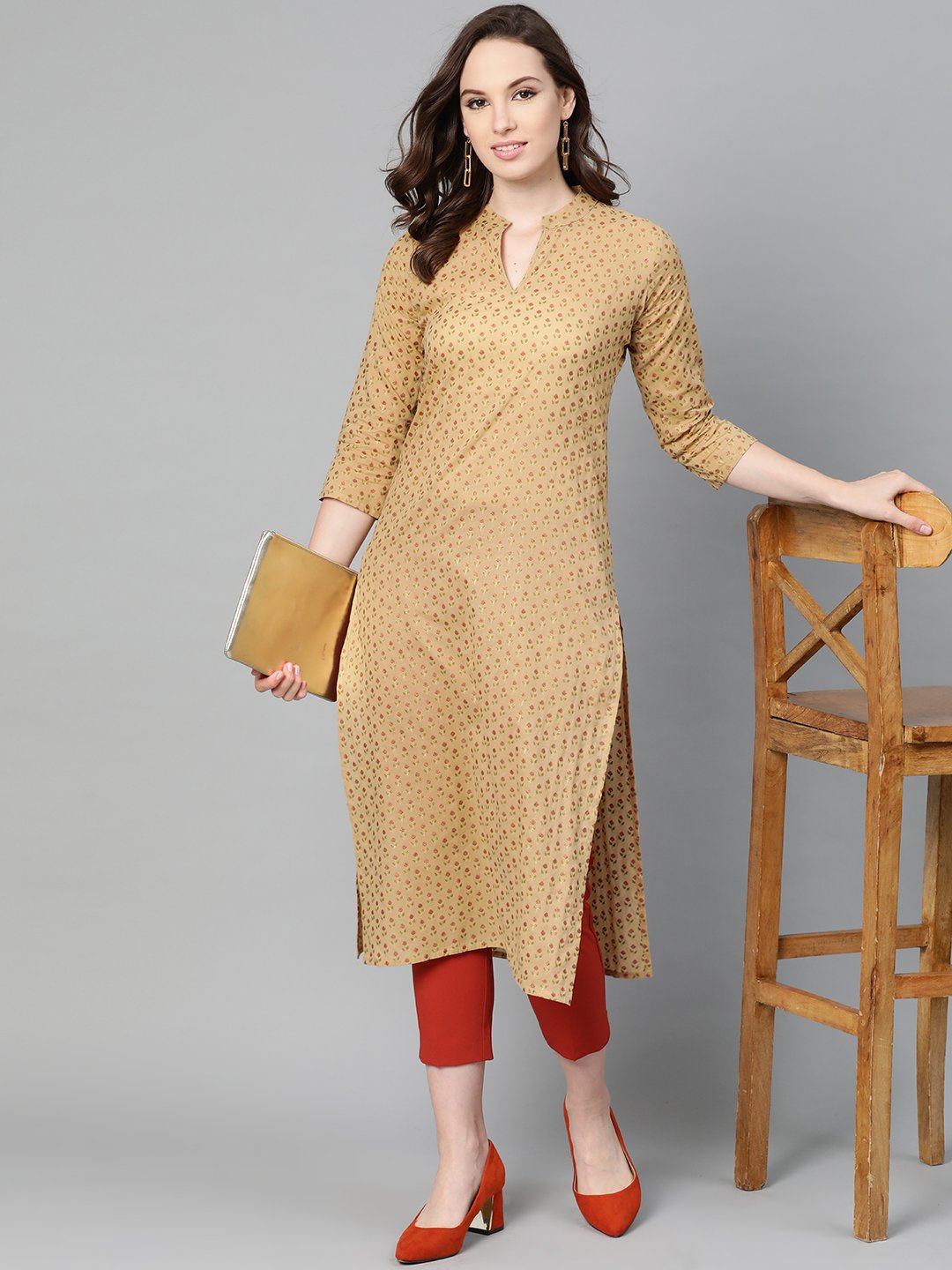 Yellow Printed Straight Kurta with Mandarin Collar with 3/4 sleeves | NOZ2TOZ - Made In INDIA.