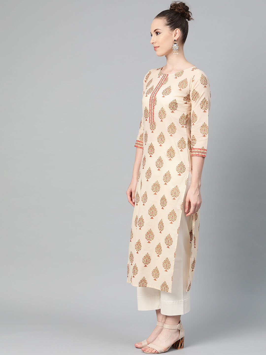 Cream Gold Printed Straight Kurta with Round neck & 3/4 sleeves | NOZ2TOZ - Made In INDIA.