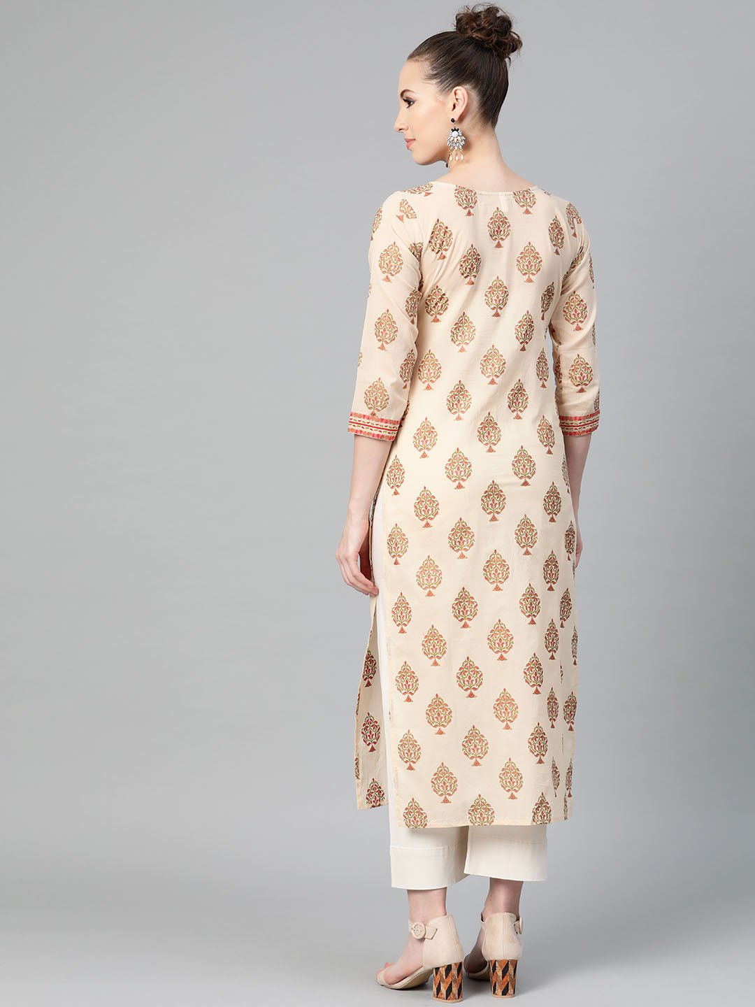 Cream Gold Printed Straight Kurta with Round neck & 3/4 sleeves | NOZ2TOZ - Made In INDIA.