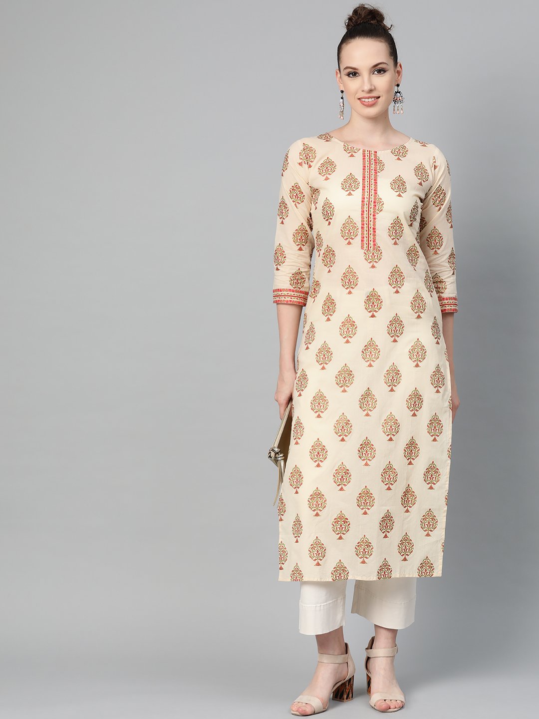 Cream Gold Printed Straight Kurta with Round neck & 3/4 sleeves | NOZ2TOZ - Made In INDIA.