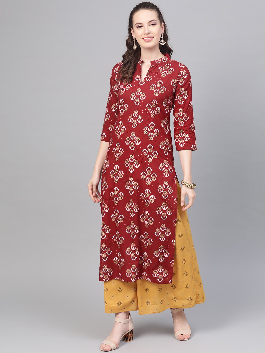 Berry Red & Mustard Yellow gold Printed Kurta set with Skirt | NOZ2TOZ - Made In INDIA.