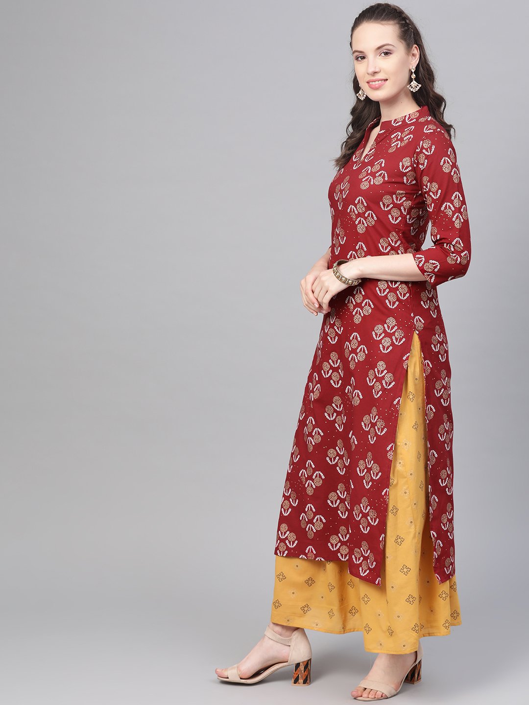 Berry Red & Mustard Yellow gold Printed Kurta set with Skirt | NOZ2TOZ - Made In INDIA.