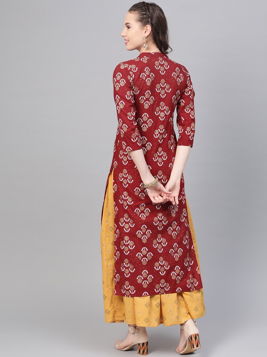 Berry Red & Mustard Yellow gold Printed Kurta set with Skirt | NOZ2TOZ - Made In INDIA.