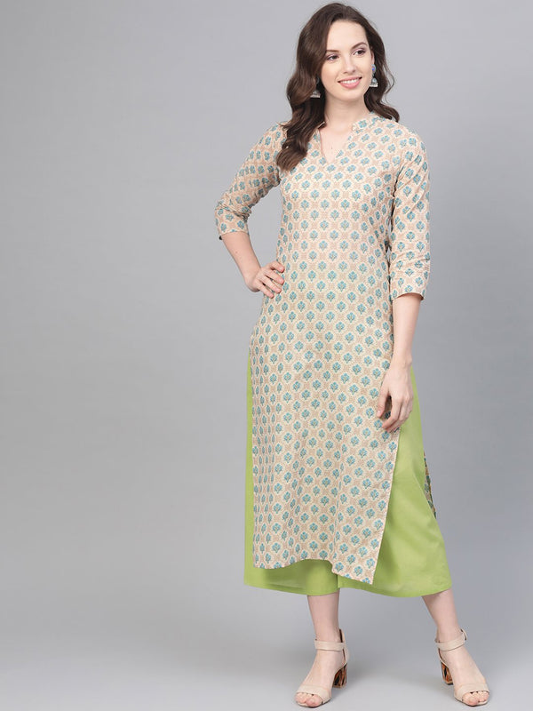 Cream Printed Kurta set with Solid green Pant | NOZ2TOZ - Made In INDIA.