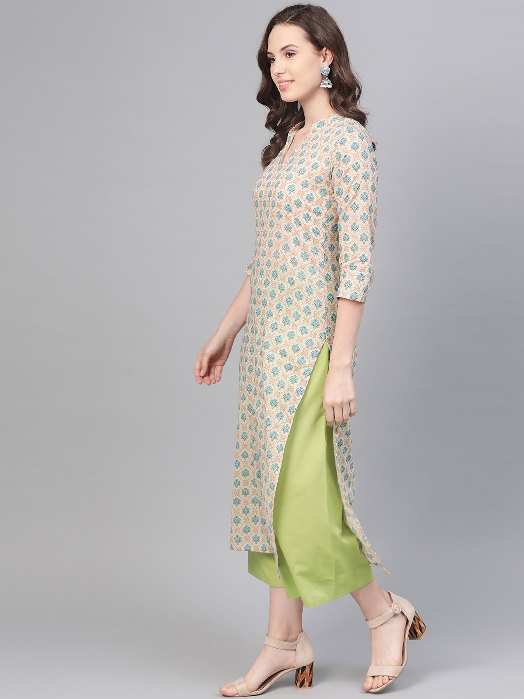 Cream Printed Kurta set with Solid green Pant | NOZ2TOZ - Made In INDIA.