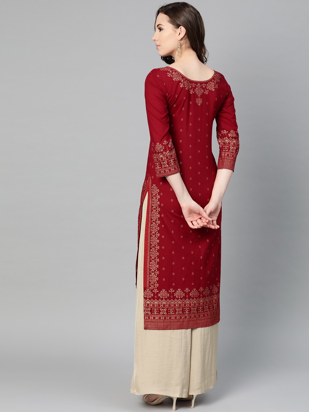 Maroon Gold printed Kurta with Round neck & 3/4 sleeves | NOZ2TOZ - Made In INDIA.