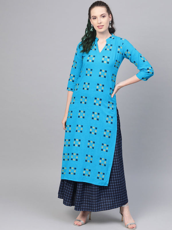 Blue and Beige Printed Kurta Set With Printed Skirt | NOZ2TOZ - Made In INDIA.