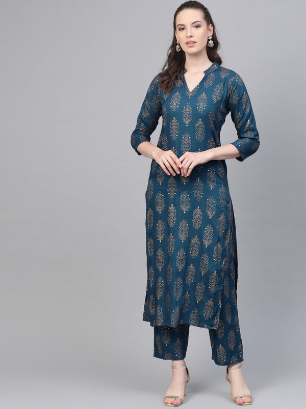 Teal Blue Gold printed Kurta Set With Pant | NOZ2TOZ - Made In INDIA.