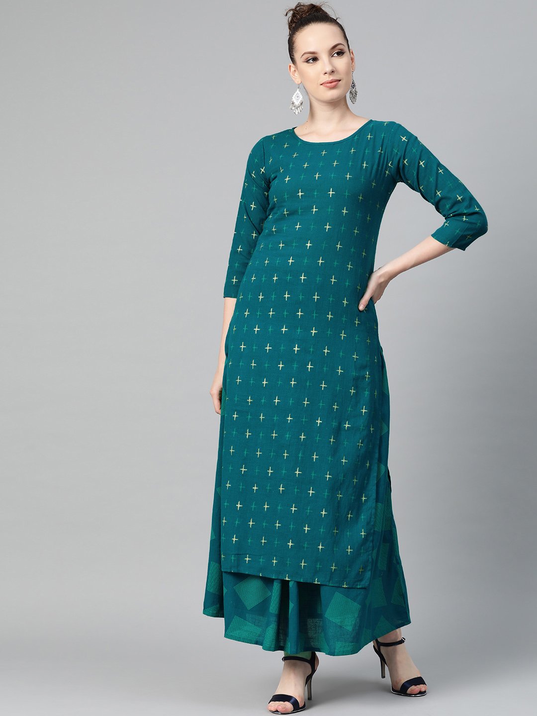 Teal green Gold Geometric printed Kurta set with Skirt | NOZ2TOZ - Made In INDIA.