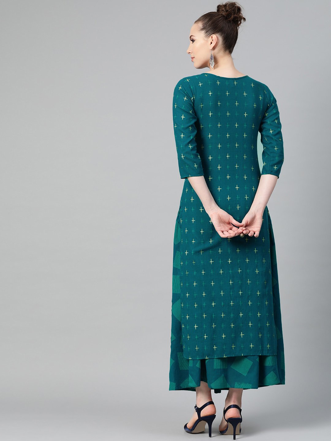 Teal green Gold Geometric printed Kurta set with Skirt | NOZ2TOZ - Made In INDIA.