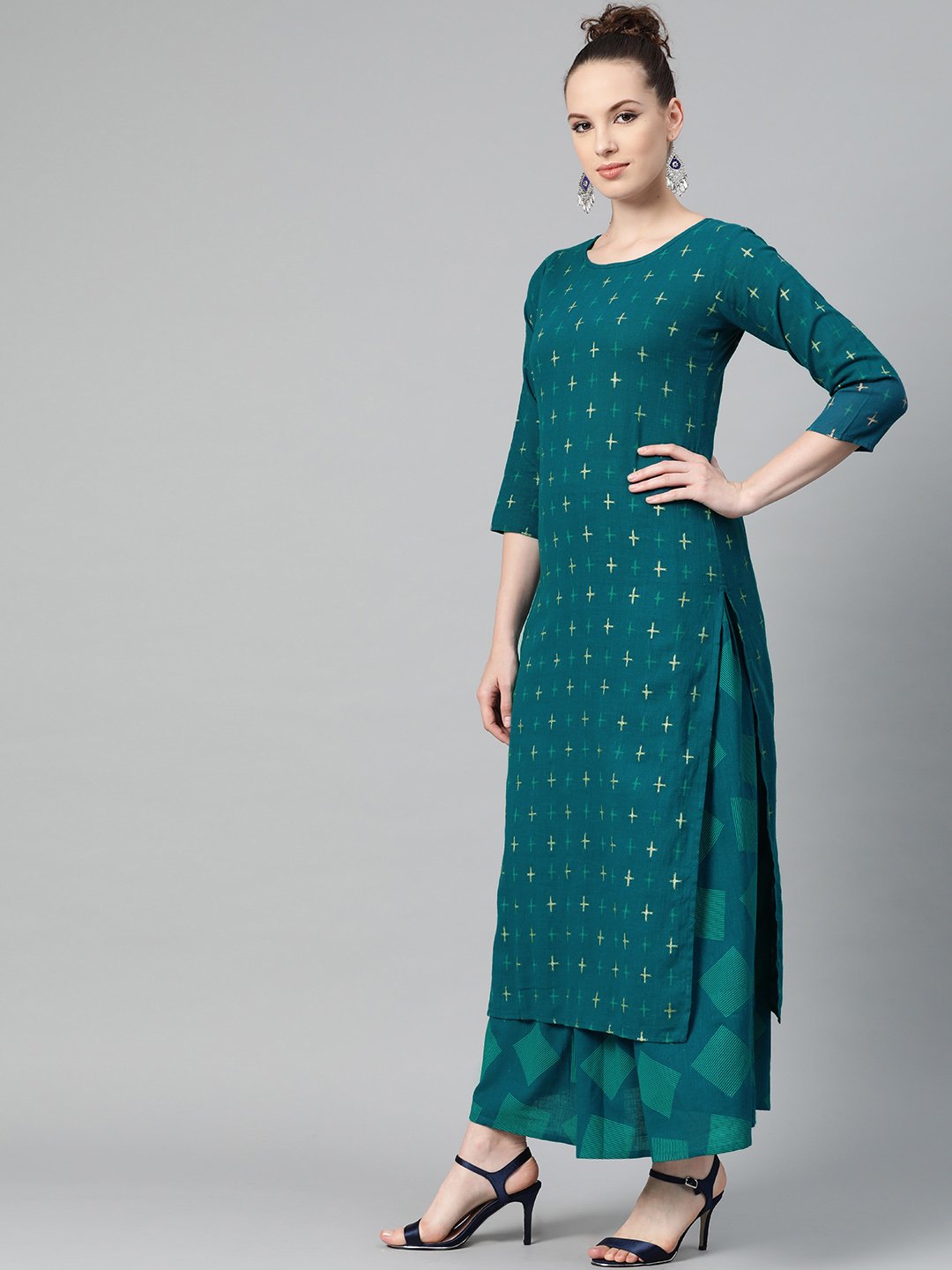 Teal green Gold Geometric printed Kurta set with Skirt | NOZ2TOZ - Made In INDIA.