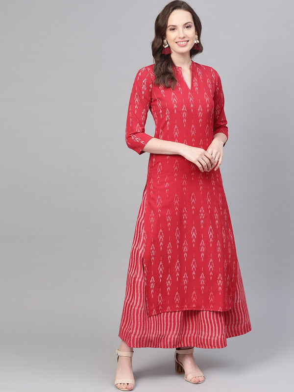 Fuscia Pink & grey Ikat printed Kurta set with Skirt | NOZ2TOZ - Made In INDIA.