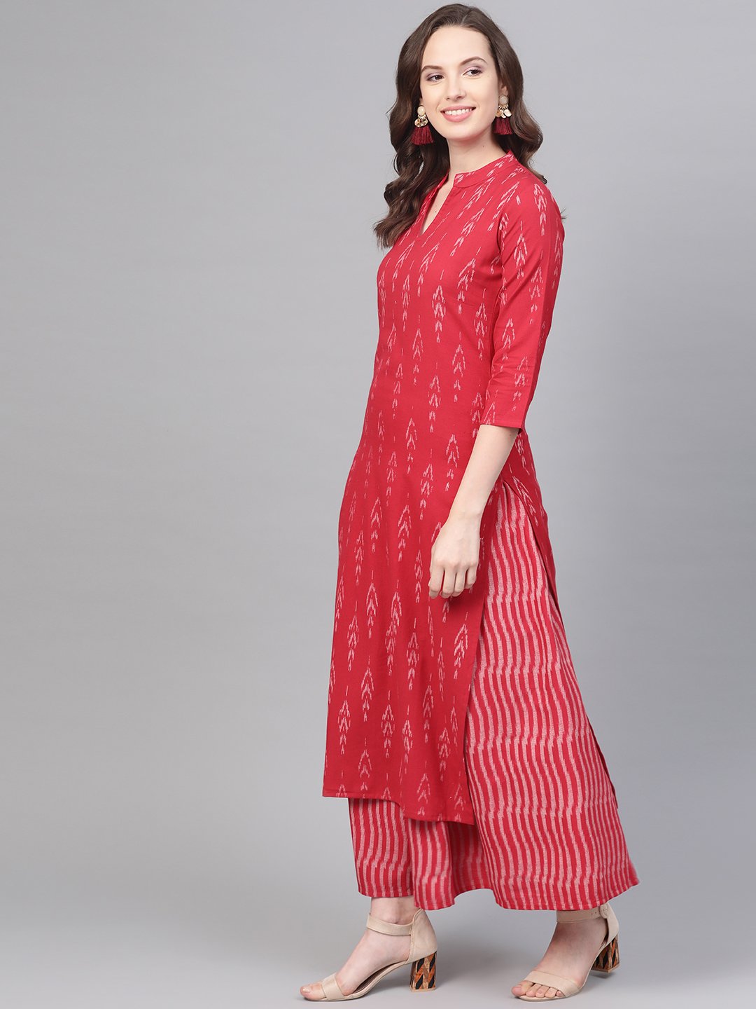 Fuscia Pink & grey Ikat printed Kurta set with Skirt | NOZ2TOZ - Made In INDIA.