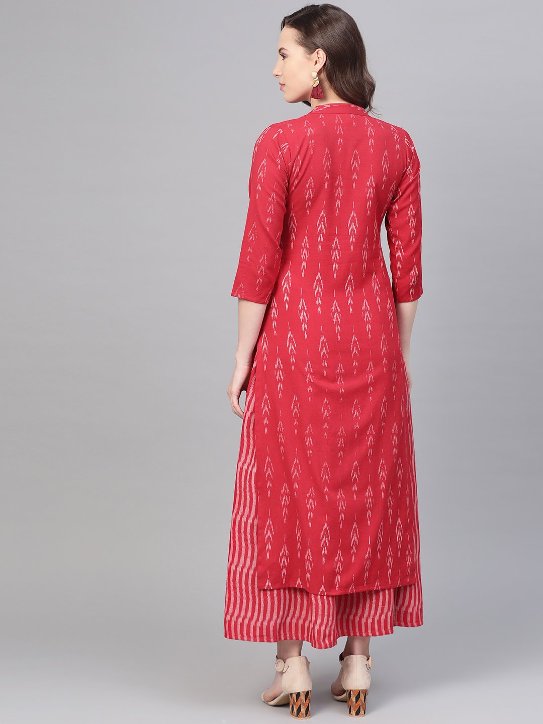 Fuscia Pink & grey Ikat printed Kurta set with Skirt | NOZ2TOZ - Made In INDIA.