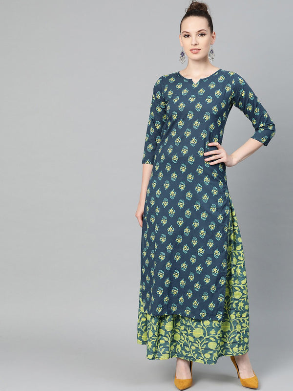 Teal Green & Lime Green Floral Printed Kurta Set with Skirt | NOZ2TOZ - Made In INDIA.