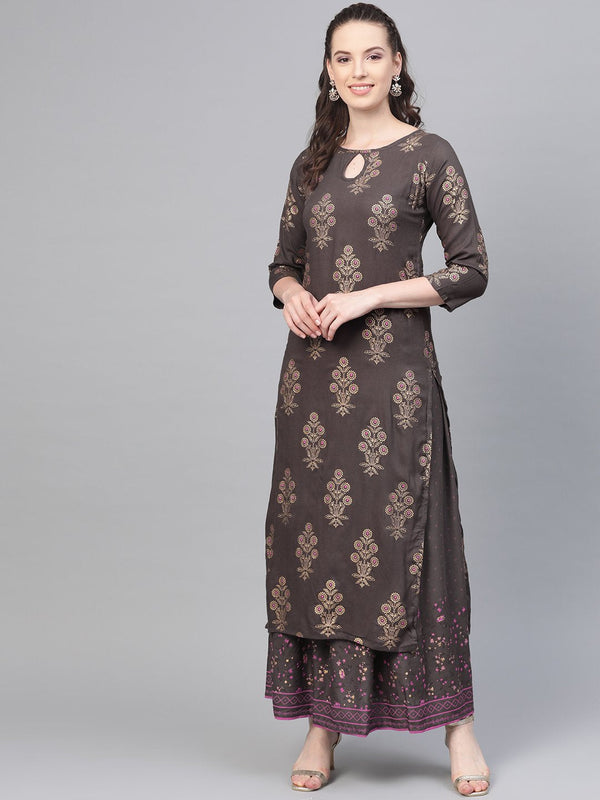 Grey Gold Printed Kurta Set with Skirt | NOZ2TOZ - Made In INDIA.