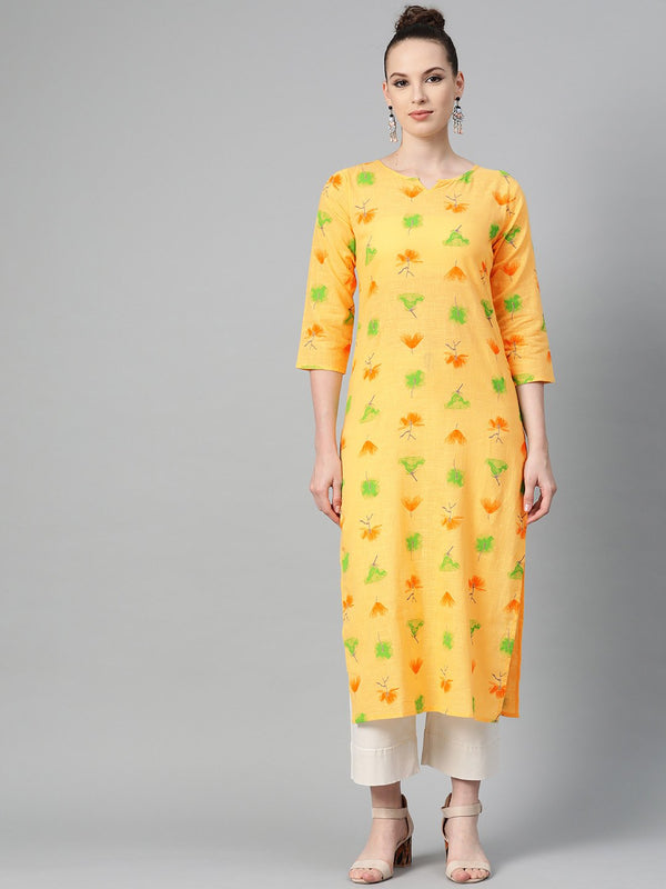 Yellow Multi colored Printed Kurta with Round neck with V & 3/4 sleeves | NOZ2TOZ - Made In INDIA.