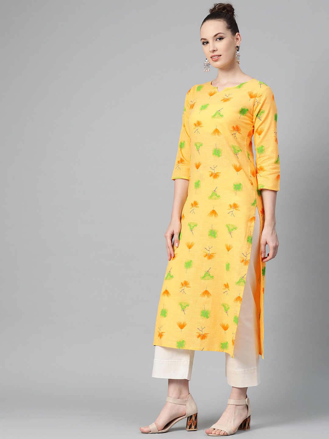 Yellow Multi colored Printed Kurta with Round neck with V & 3/4 sleeves | NOZ2TOZ - Made In INDIA.