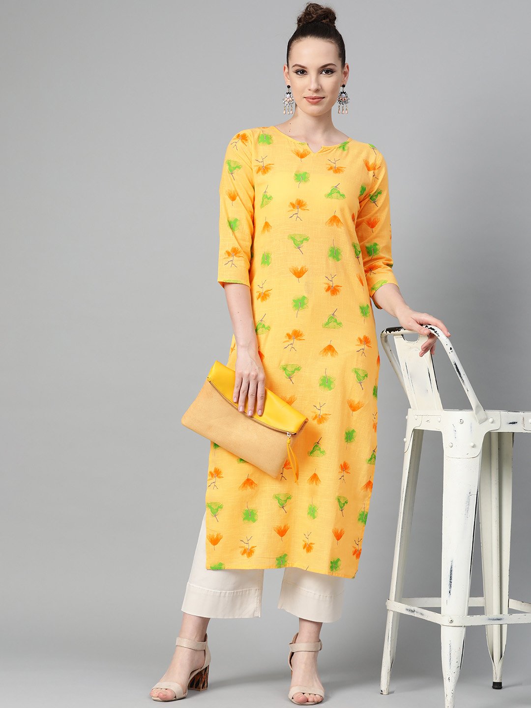 Yellow Multi colored Printed Kurta with Round neck with V & 3/4 sleeves | NOZ2TOZ - Made In INDIA.