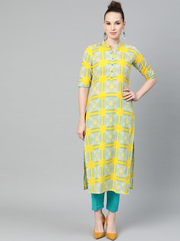 Mustard Printed Straight cotton kurta set with blue pant | NOZ2TOZ - Made In INDIA.