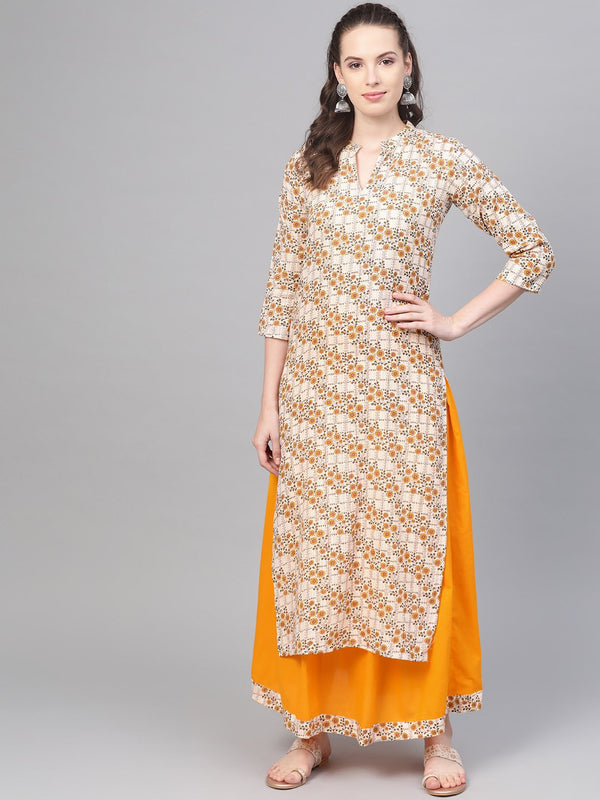 Cream & Yellow Gold floral printed Kurta set with Skirt | NOZ2TOZ - Made In INDIA.