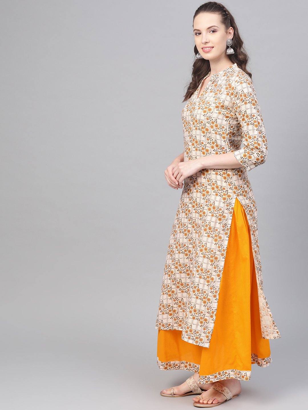 Cream & Yellow Gold floral printed Kurta set with Skirt | NOZ2TOZ - Made In INDIA.