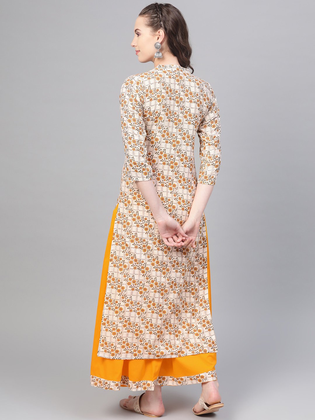 Cream & Yellow Gold floral printed Kurta set with Skirt | NOZ2TOZ - Made In INDIA.