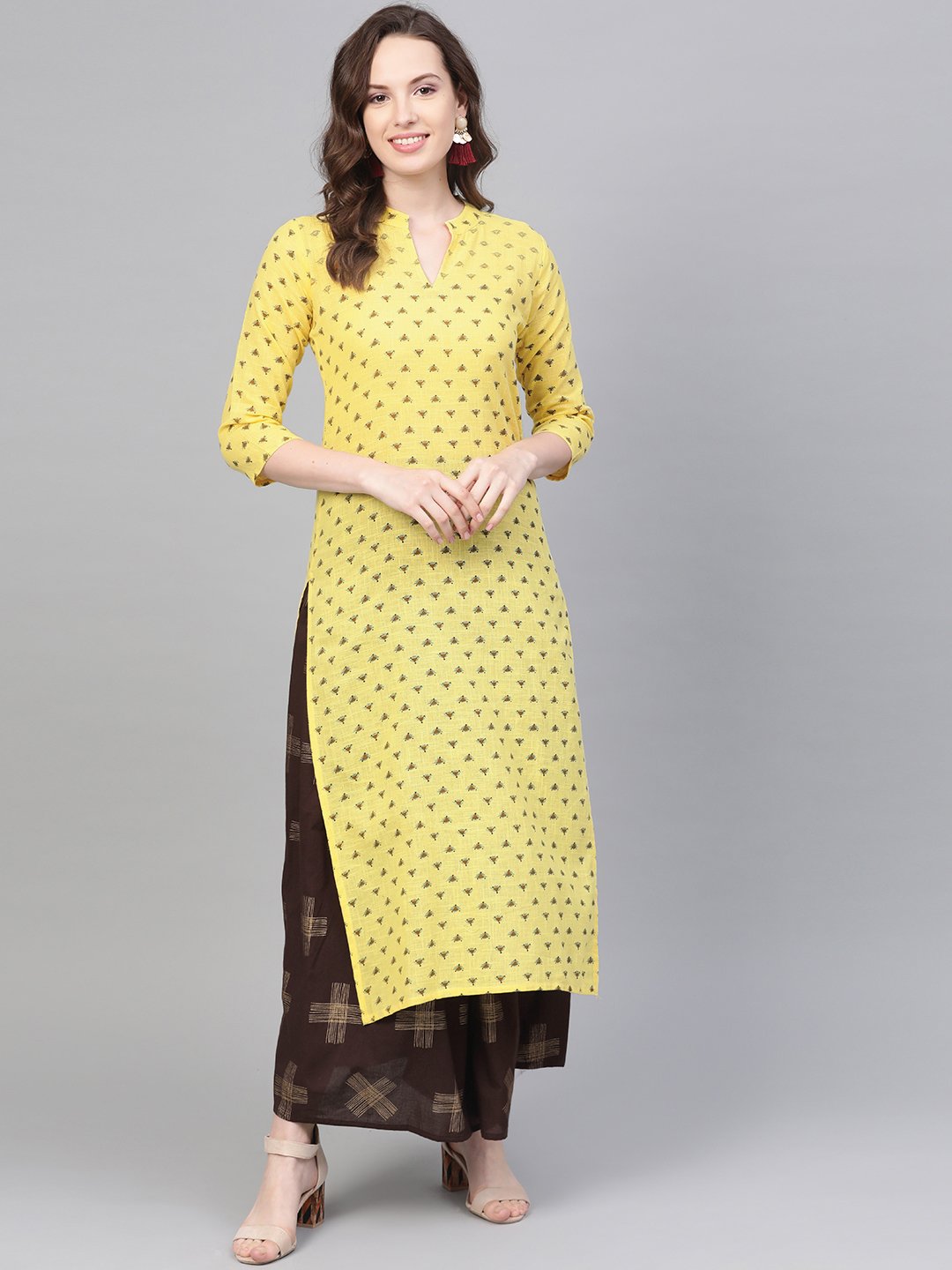 Yellow & dark brown printed Straight Kurta set wih Skirt | NOZ2TOZ - Made In INDIA.