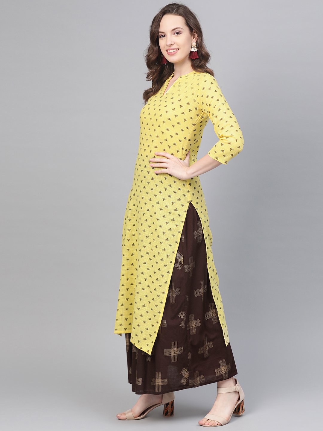 Yellow & dark brown printed Straight Kurta set wih Skirt | NOZ2TOZ - Made In INDIA.