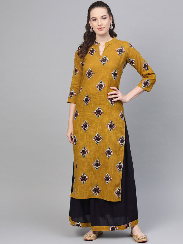 Mustard & Navy blue Straight printed Kurta set with Skirt | NOZ2TOZ - Made In INDIA.