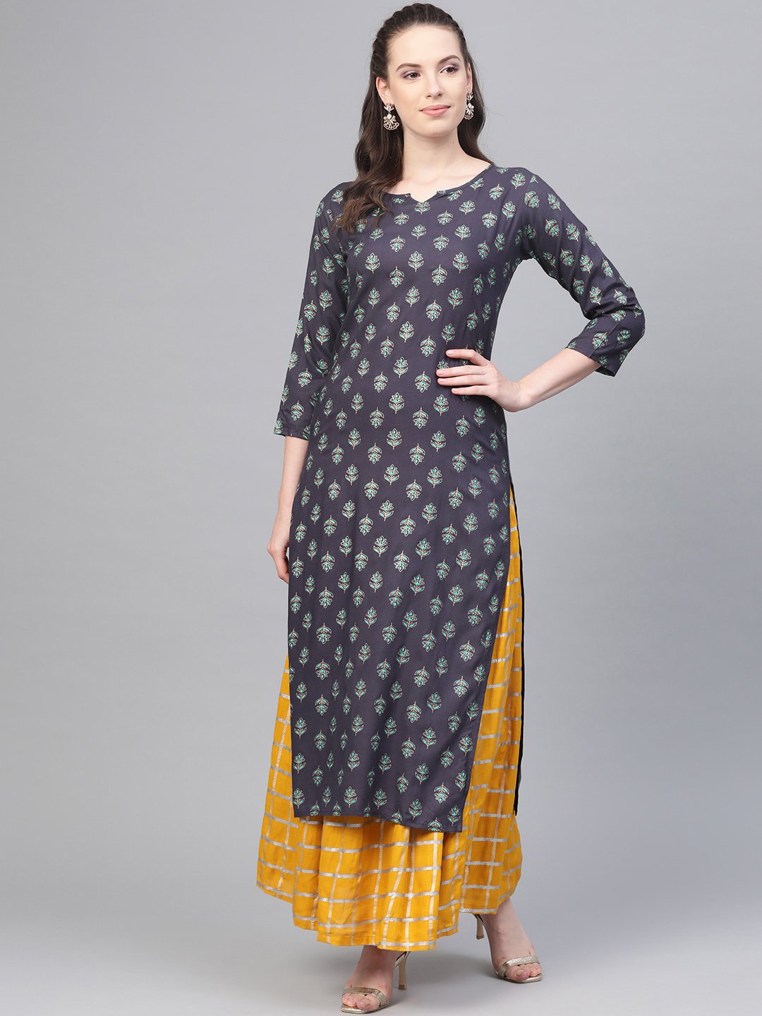 Grey Printed Straight Kurta set with Mango Checked Skirt | NOZ2TOZ - Made In INDIA.