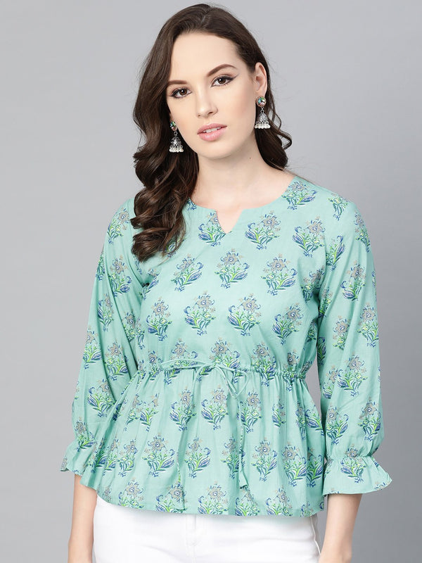 Mint blue with multi floral printed top with drawstring style | NOZ2TOZ - Made In INDIA.