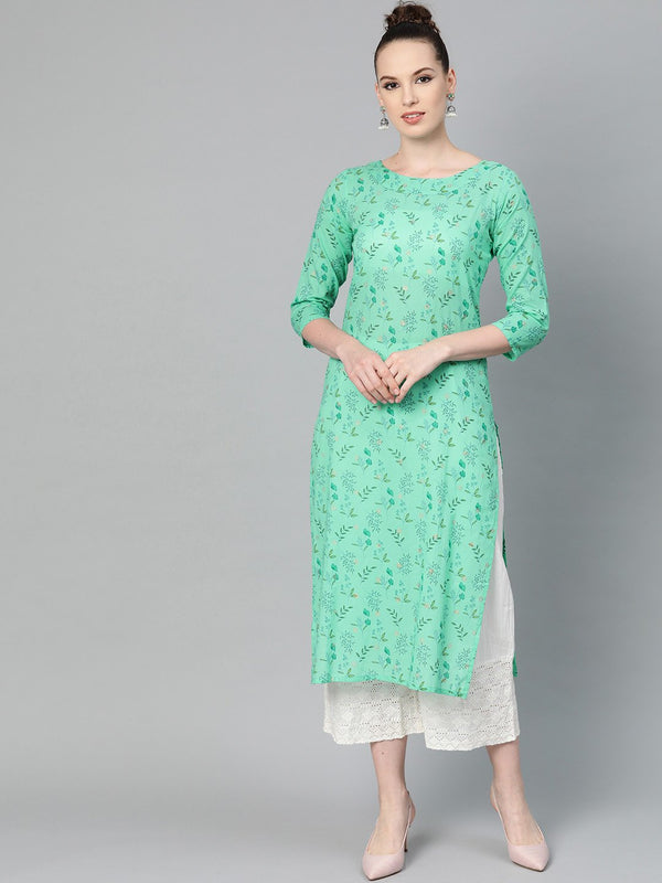 Fern Green Floral Printed Straight kurta with Round neck & 3/4 sleeves | NOZ2TOZ - Made In INDIA.