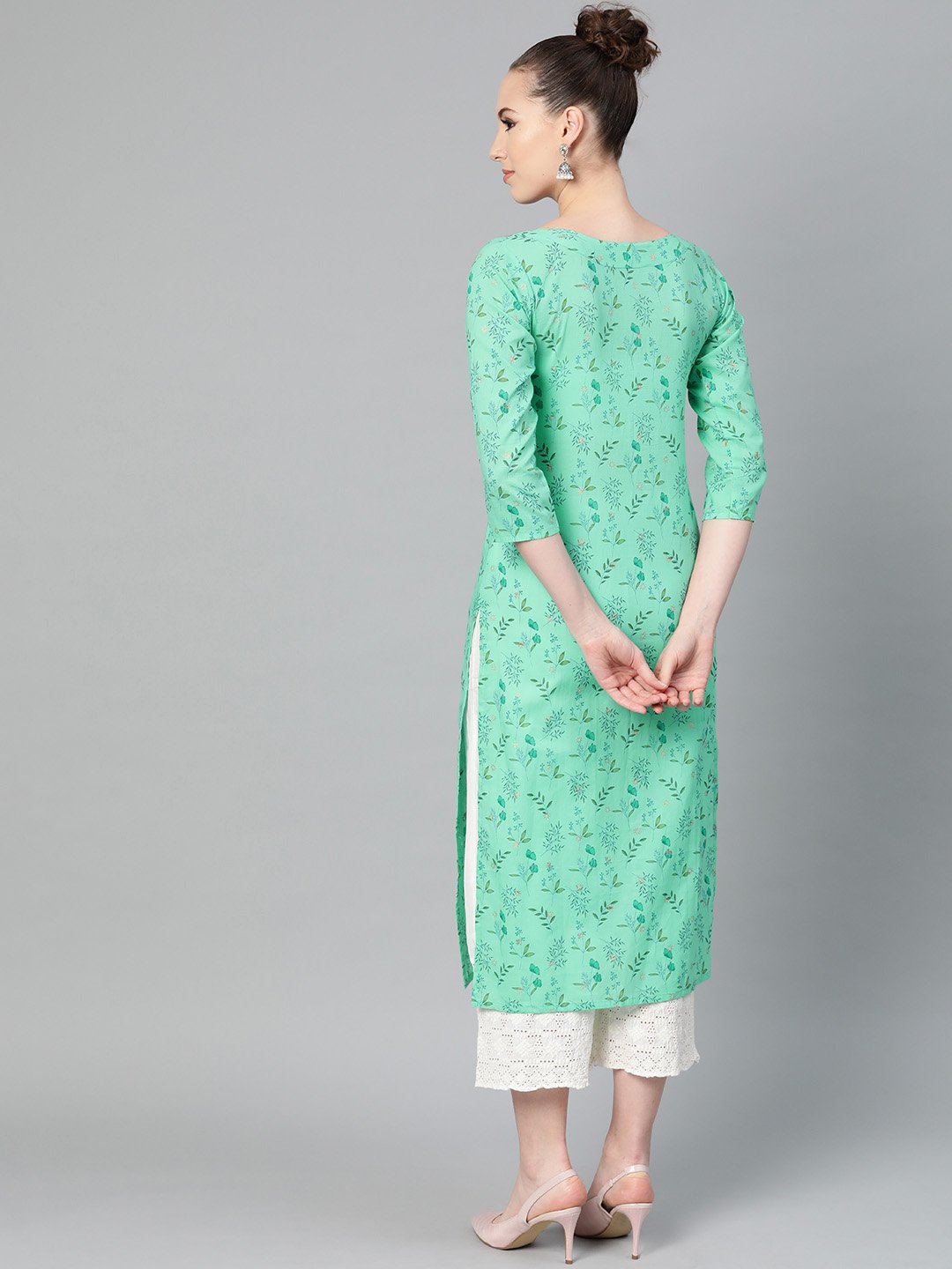 Fern Green Floral Printed Straight kurta with Round neck & 3/4 sleeves | NOZ2TOZ - Made In INDIA.