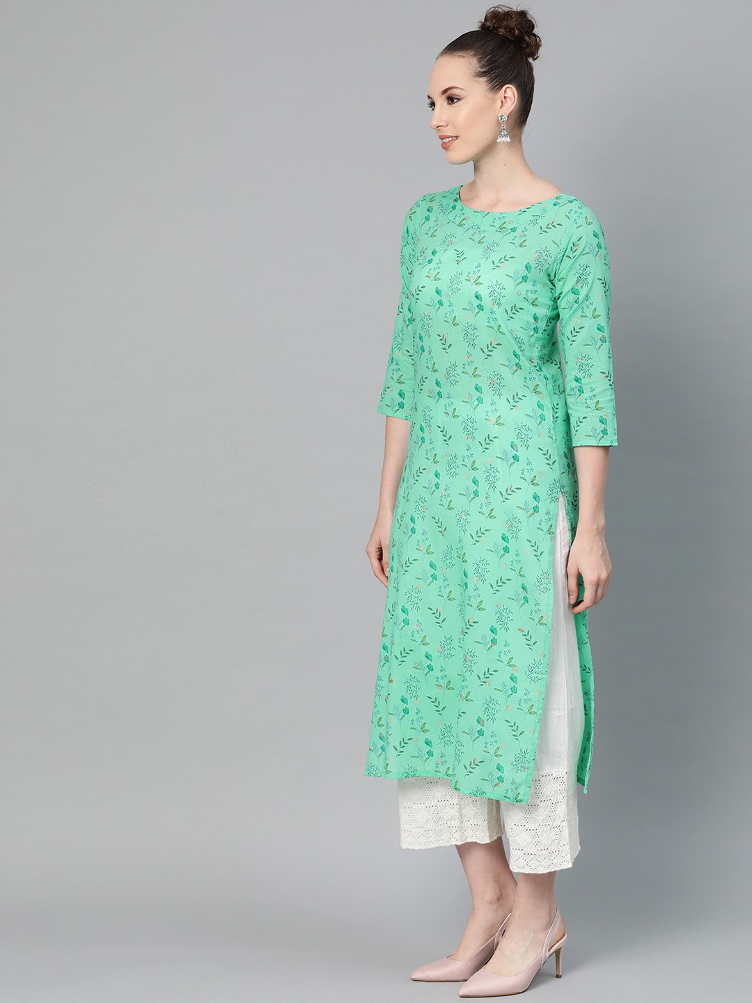 Fern Green Floral Printed Straight kurta with Round neck & 3/4 sleeves | NOZ2TOZ - Made In INDIA.