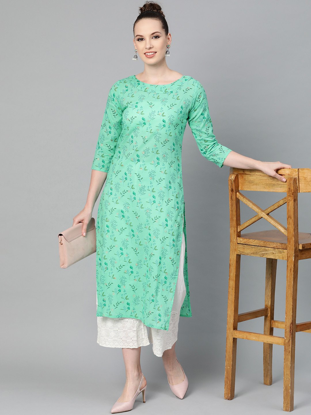 Fern Green Floral Printed Straight kurta with Round neck & 3/4 sleeves | NOZ2TOZ - Made In INDIA.