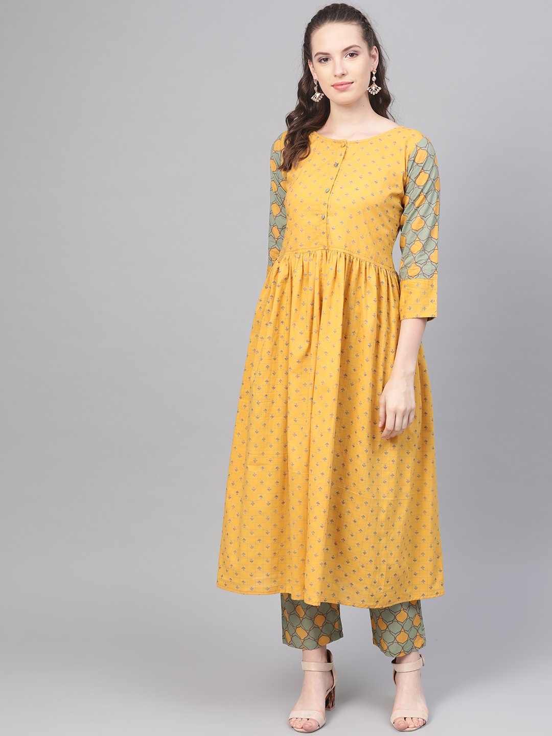 Yellow & Sage Green A-line Printed kurta set with Pant | NOZ2TOZ - Made In INDIA.