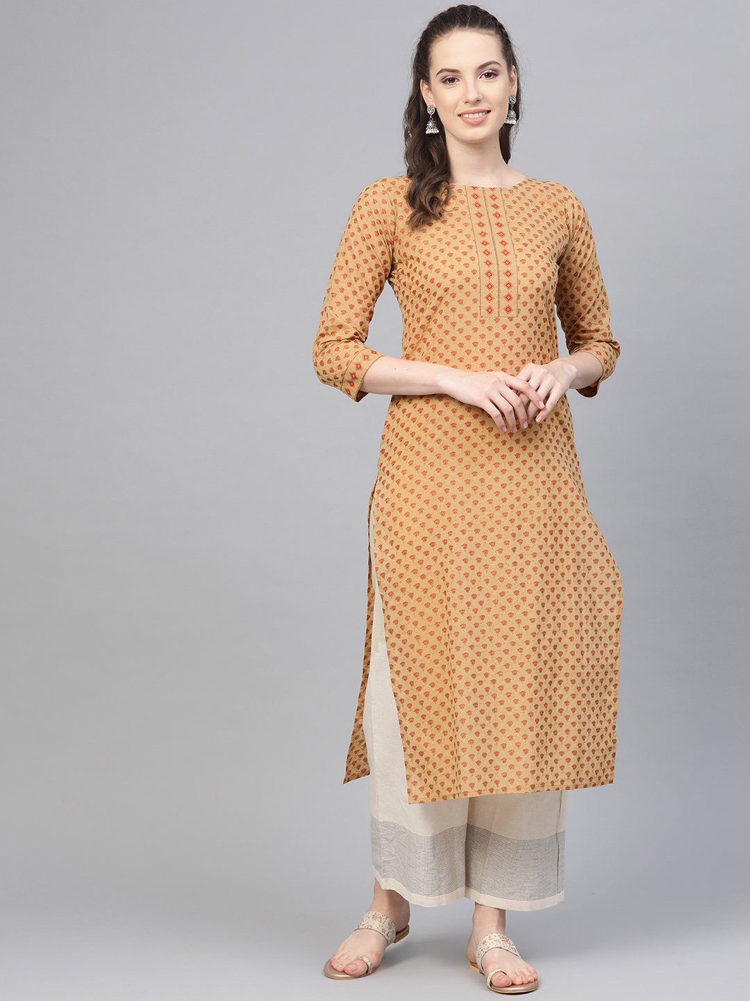 Beige Printed Straight Kurta with round neck with 3/4 sleeves | NOZ2TOZ - Made In INDIA.